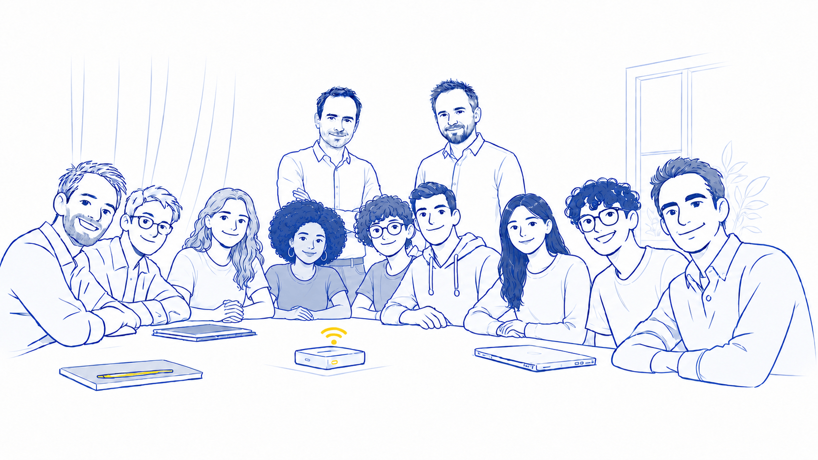 Illustration au trait de l’équipe Zoe Care autour d’un dispositif de Wi-Fi Sensing